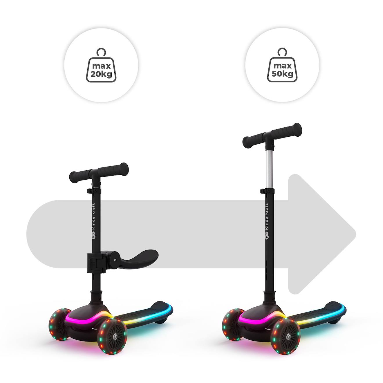 Trottinette 2 en 1 avec siège raket up évolutive, pliable, guidon réglable, roues LED lumineuses black