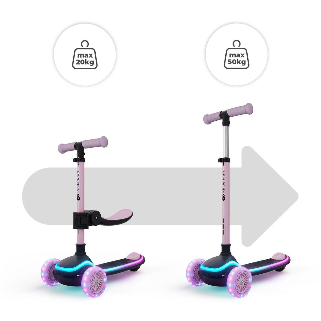 Trottinette 2 en 1 avec siège raket up évolutive, pliable, guidon réglable, roues LED lumineuses pink