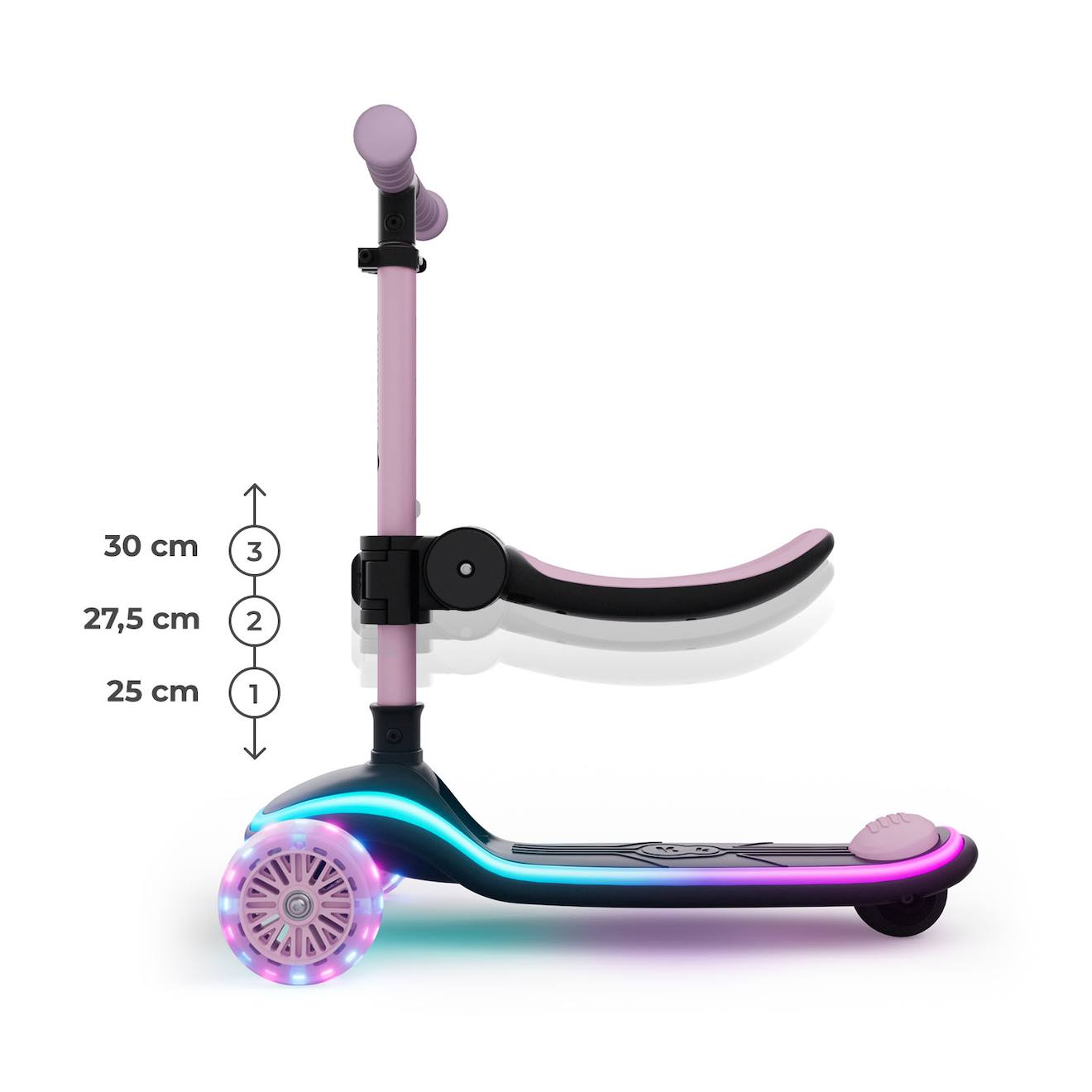 Trottinette 2 en 1 avec siège raket up évolutive, pliable, guidon réglable, roues LED lumineuses pink