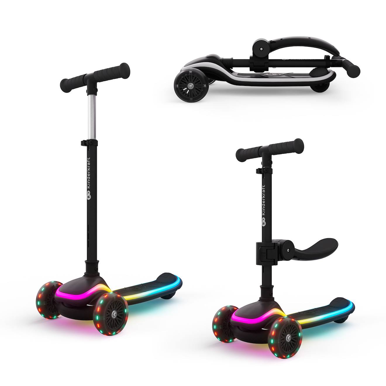 Trottinette 2 en 1 avec siège raket up évolutive, pliable, guidon réglable, roues LED lumineuses black