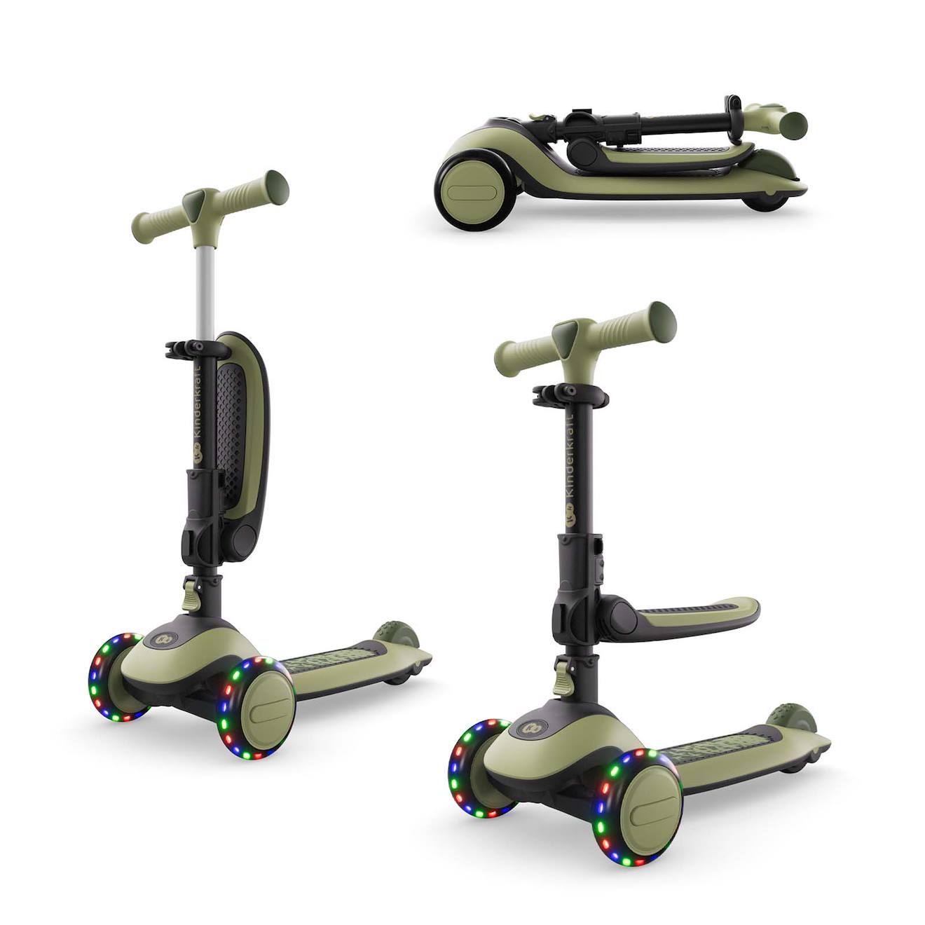 Trottinette 2-en-1 halley 2, avec siège évolutive pliable, direction par inclinaison, guidon réglable, roues LED, plateau antidérapant, compacte vert