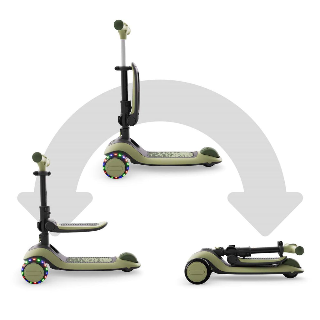 Trottinette 2-en-1 halley 2, avec siège évolutive pliable, direction par inclinaison, guidon réglable, roues LED, plateau antidérapant, compacte vert