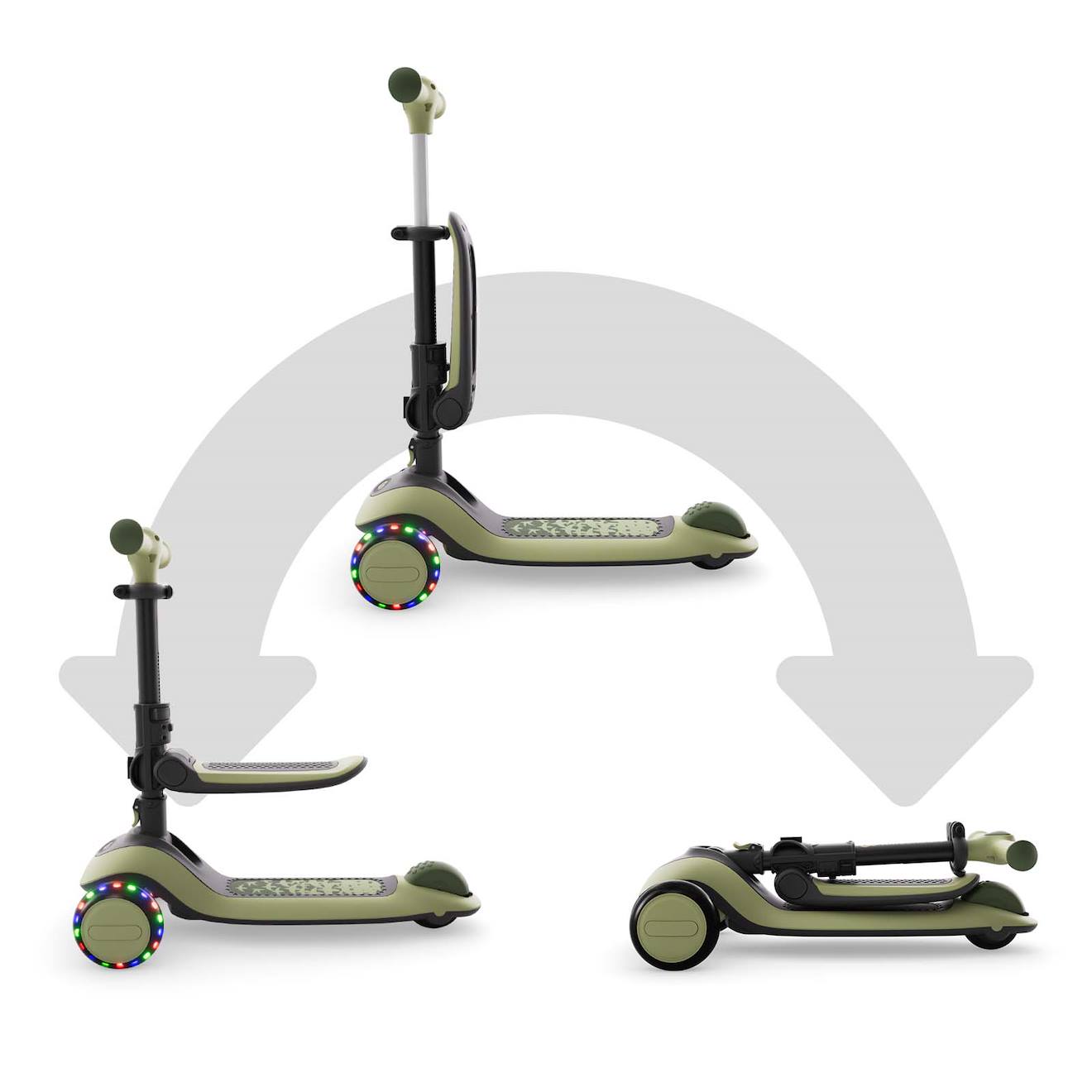 Trottinette 2-en-1 halley 2, avec siège évolutive pliable, direction par inclinaison, guidon réglable, roues LED, plateau antidérapant, compacte vert