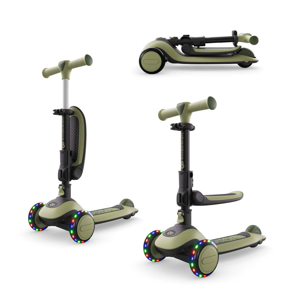 Trottinette 2-en-1 halley 2, avec siège évolutive pliable, direction par inclinaison, guidon réglable, roues LED, plateau antidérapant, compacte vert