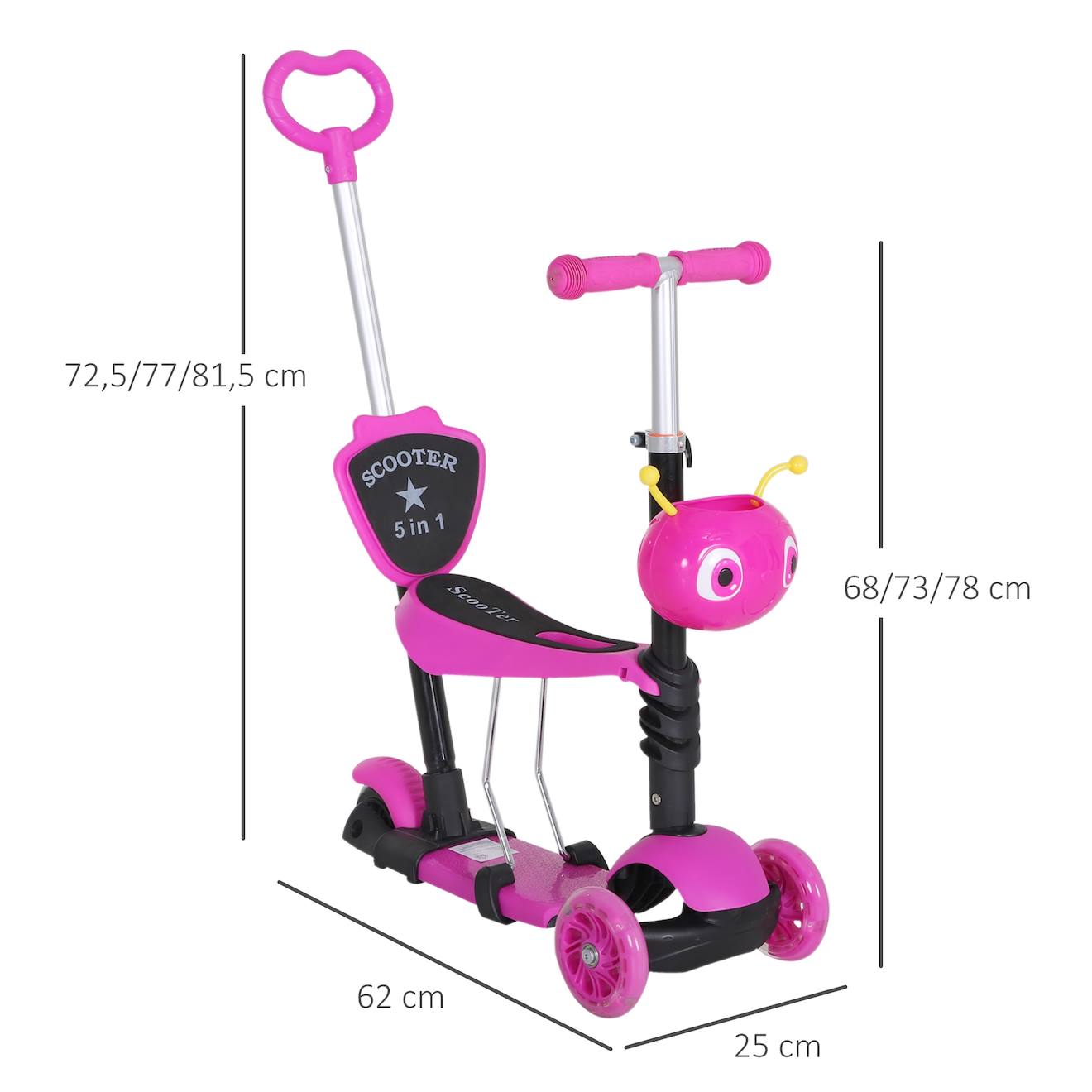 Trottinette enfant évolutive 3 roues - hauteur guidon réglable - canne telescopique - selle dossier amovible rose