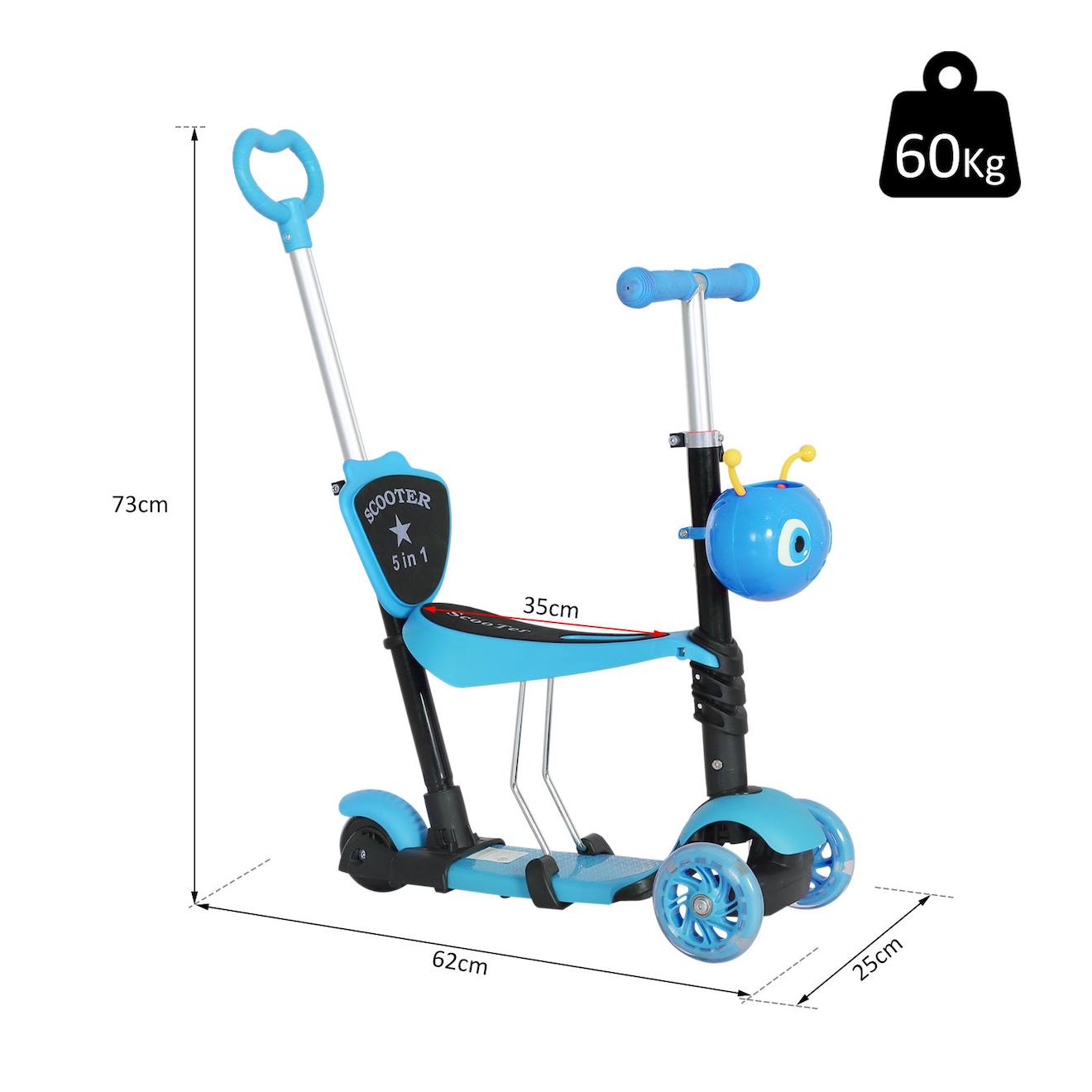 Trottinette enfant évolutive 3 roues - hauteur guidon réglable - canne telescopique - selle dossier amovible bleu