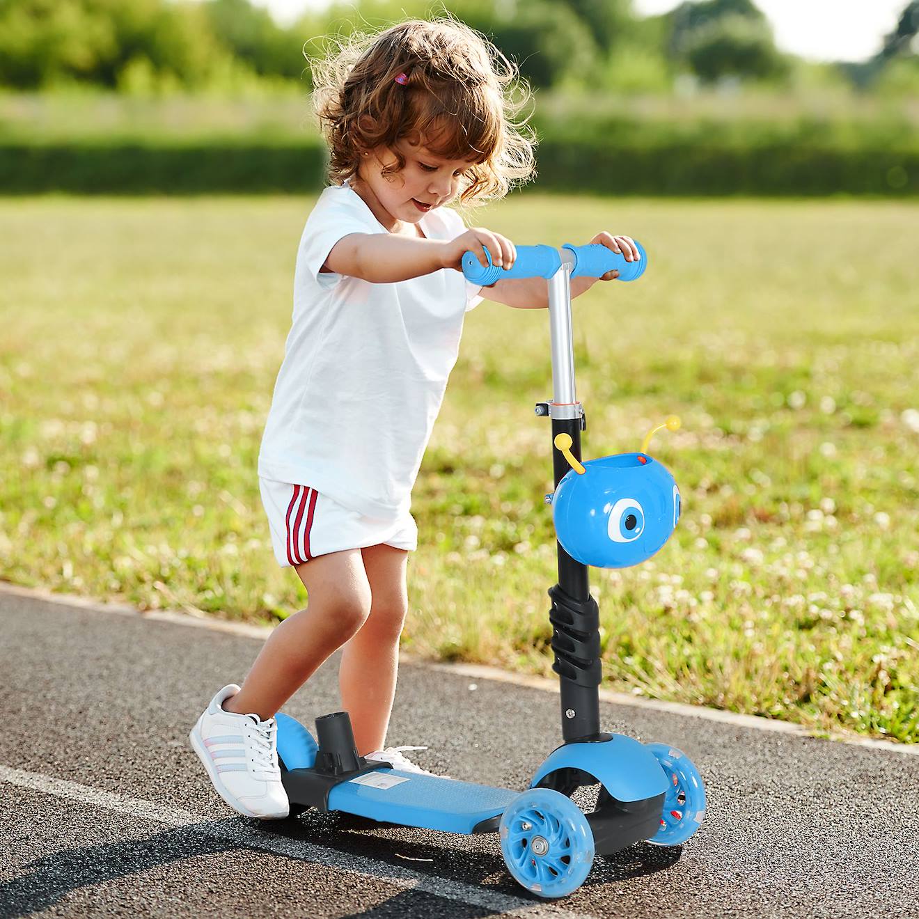 Trottinette enfant évolutive 3 roues - hauteur guidon réglable - canne telescopique - selle dossier amovible bleu