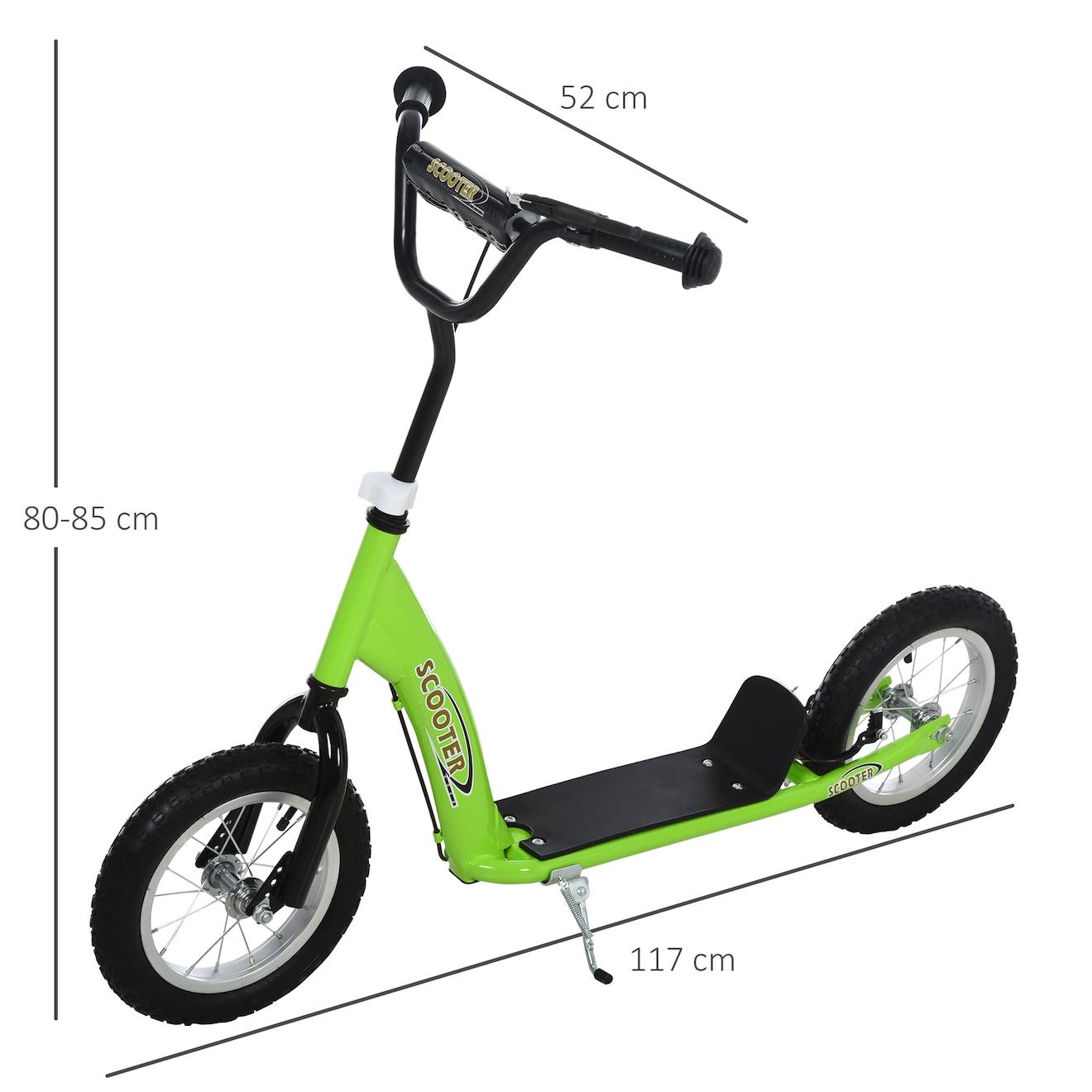 Trottinette patinette enfant - grandes roues - guidon réglable - poignée frein et béquille - acier vert