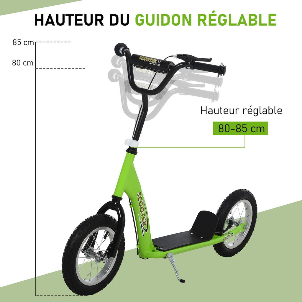 Trottinette patinette enfant - grandes roues - guidon réglable - poignée frein et béquille - acier vert