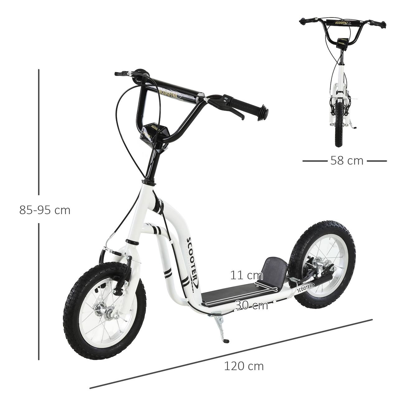 Trottinette patinette enfant grands pneus guidon réglable 2 freins béquille blanc