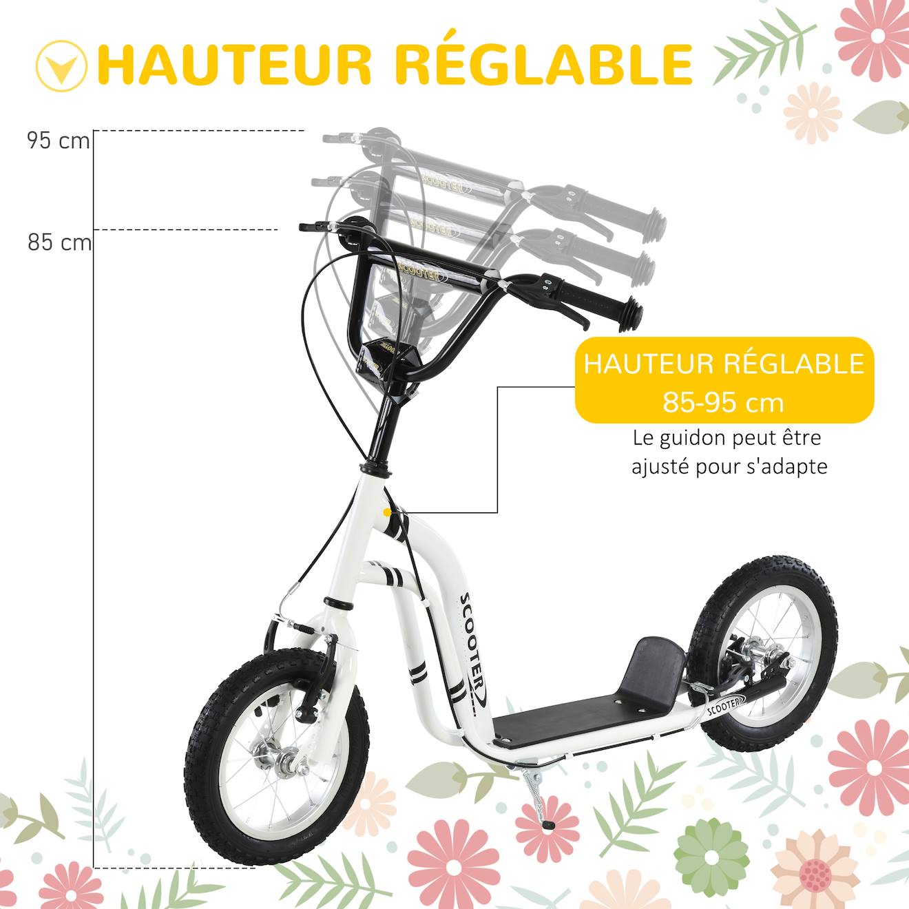 Trottinette patinette enfant grands pneus guidon réglable 2 freins béquille blanc