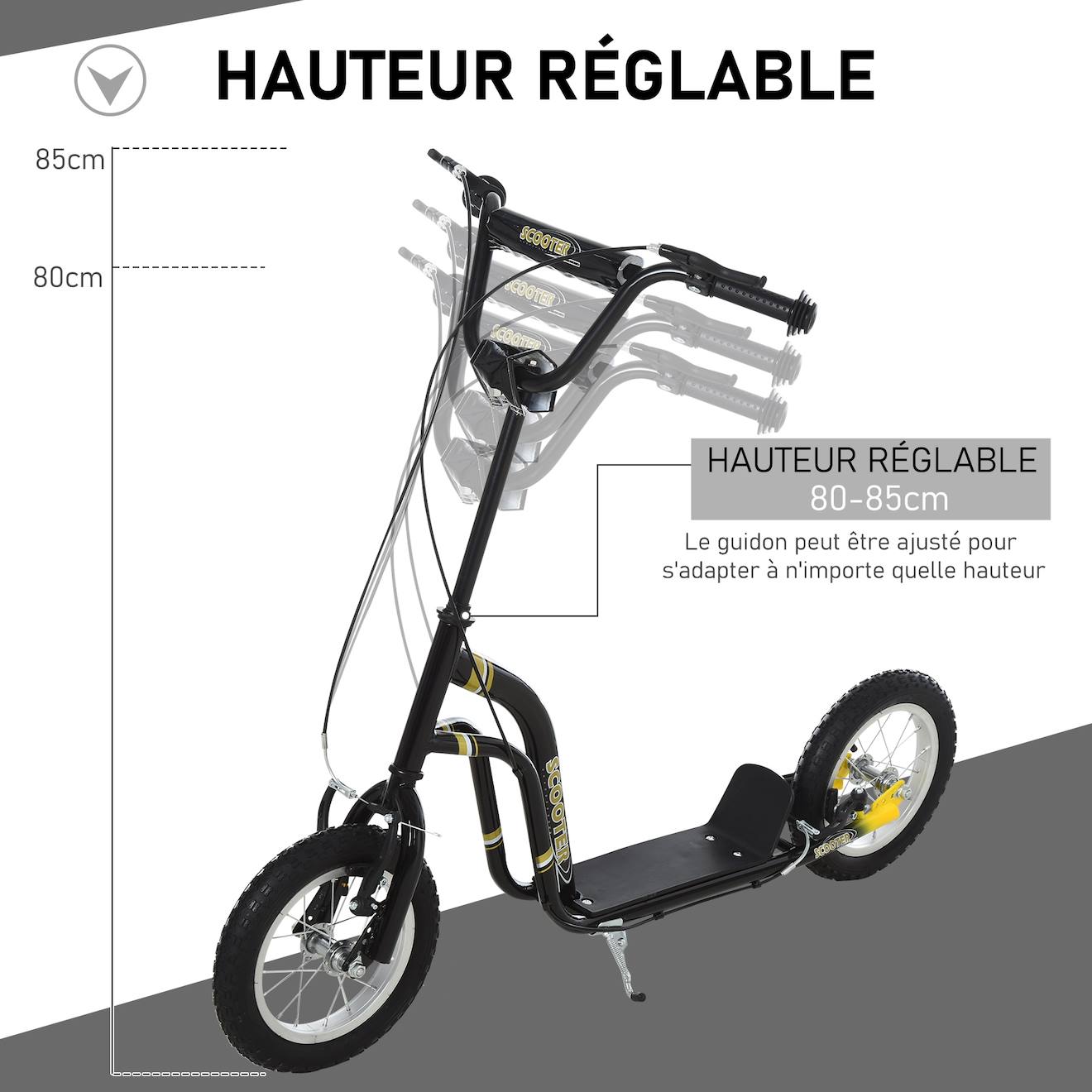 Trottinette patinette enfant grands pneus guidon réglable 2 freins béquille noir