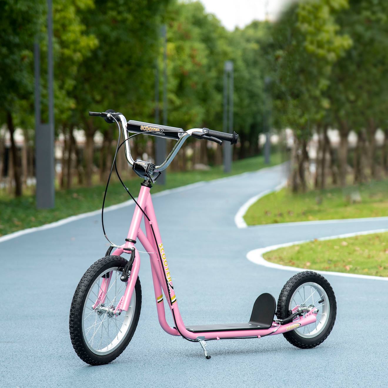 Trottinette patinette enfant grands pneus guidon réglable poignées freins et béquille acier rose
