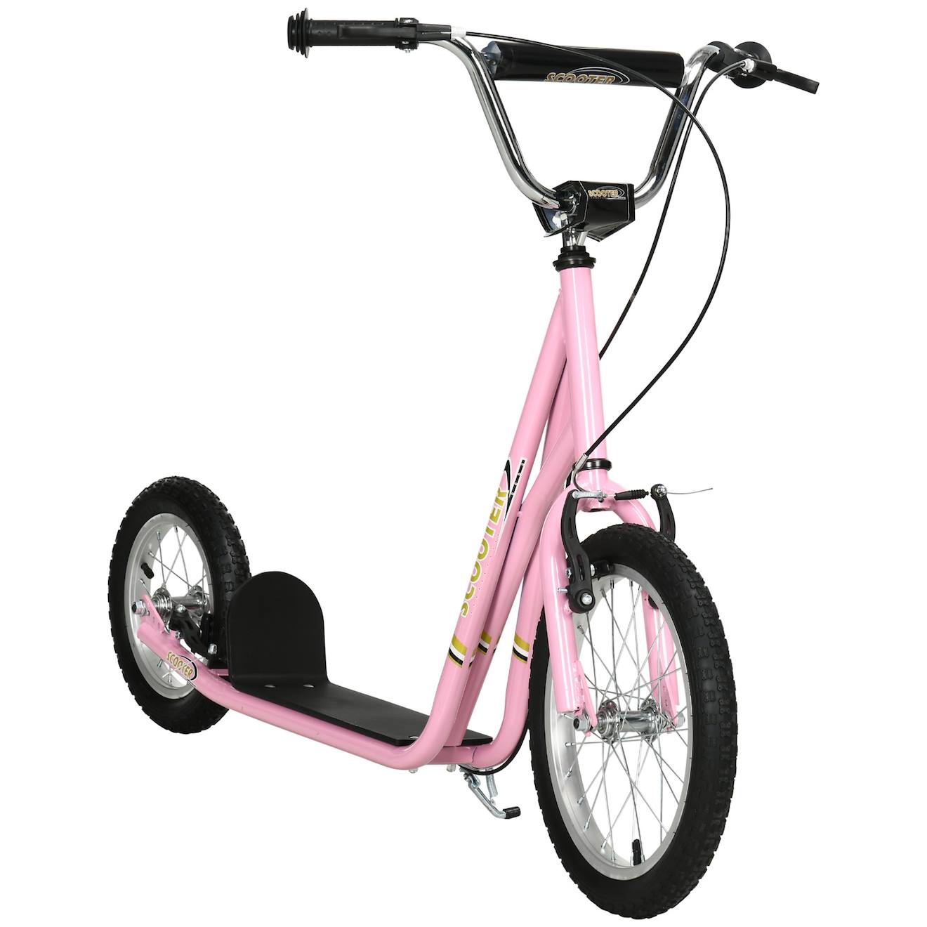 Trottinette patinette enfant grands pneus guidon réglable poignées freins et béquille acier rose