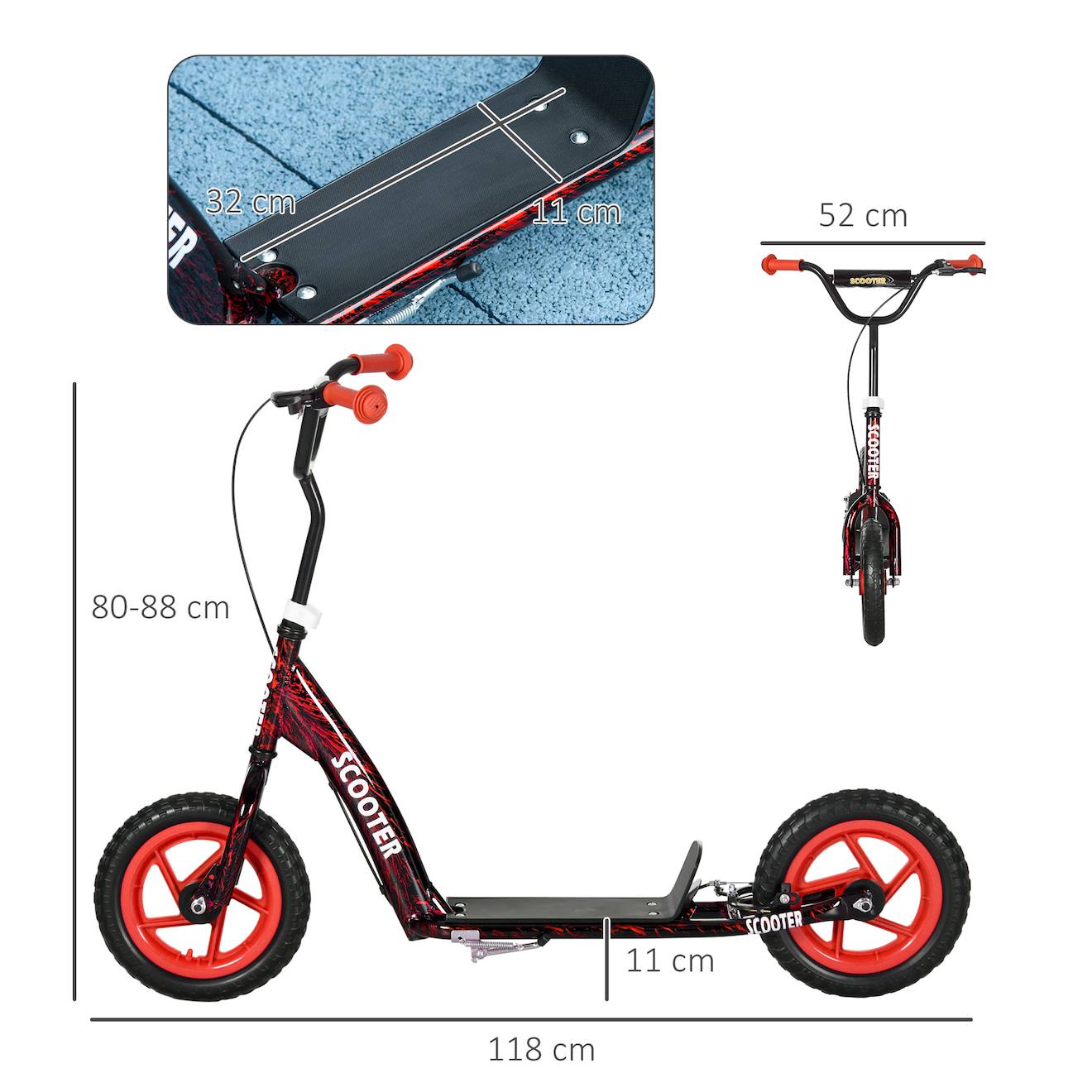 Trottinette patinette enfant roues 30 cm guidon réglable poignée frein et béquille acier rouge
