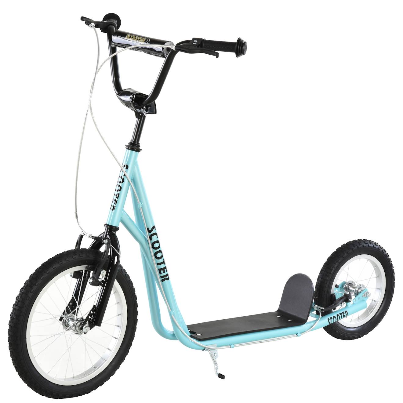 Trottinette patinette freestyle - grandes roues pneumatiques - guidon réglable - frein AV/AR - béquille - acier bleu ciel noir bleu