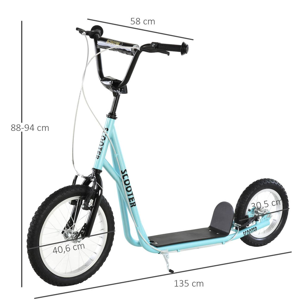 Trottinette patinette freestyle - grandes roues pneumatiques - guidon réglable - frein AV/AR - béquille - acier bleu ciel noir bleu