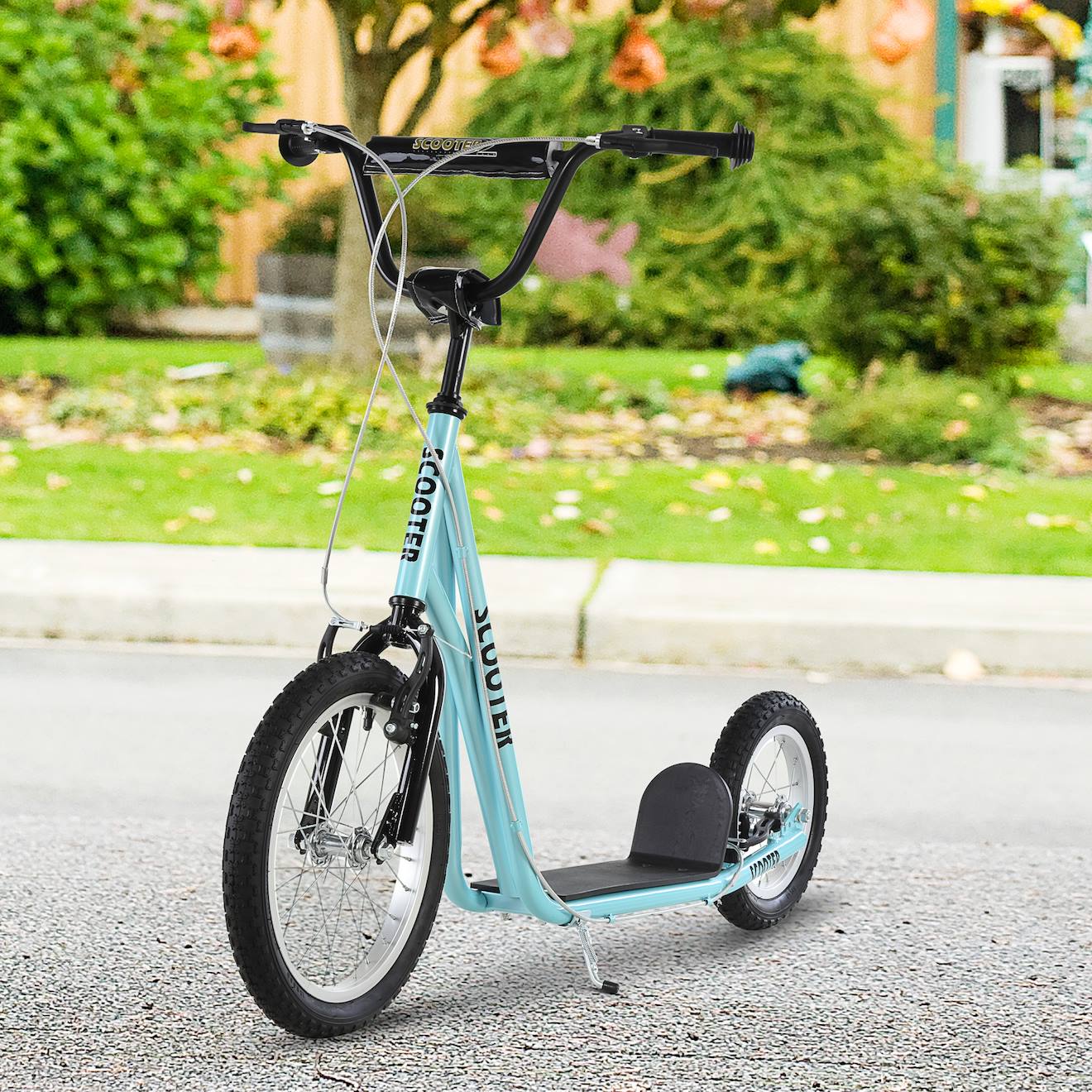 Trottinette patinette freestyle - grandes roues pneumatiques - guidon réglable - frein AV/AR - béquille - acier bleu ciel noir bleu