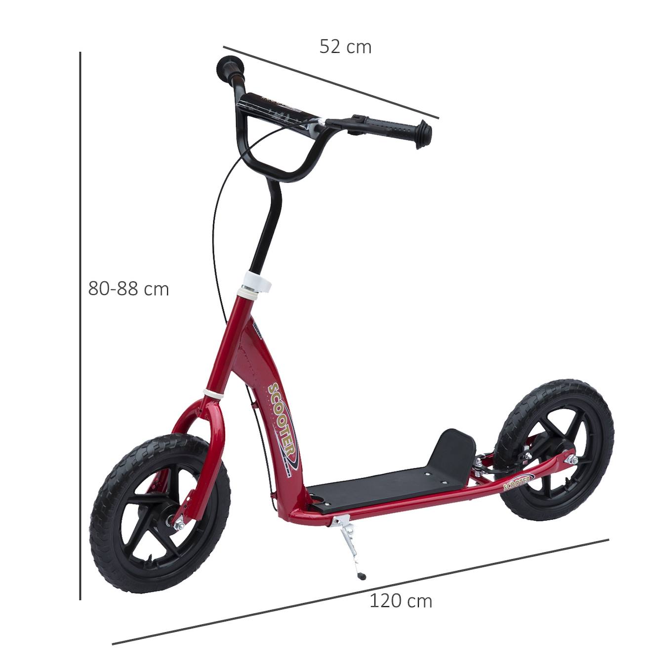 Trottinette patinette pneus 30 cm hauteur guidon réglable poignée frein et béquille acier rouge