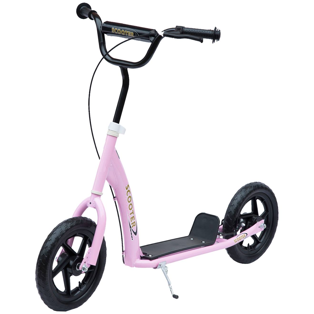 Trottinette patinette pneus 30 cm hauteur guidon réglable poignée frein et béquille acier rose