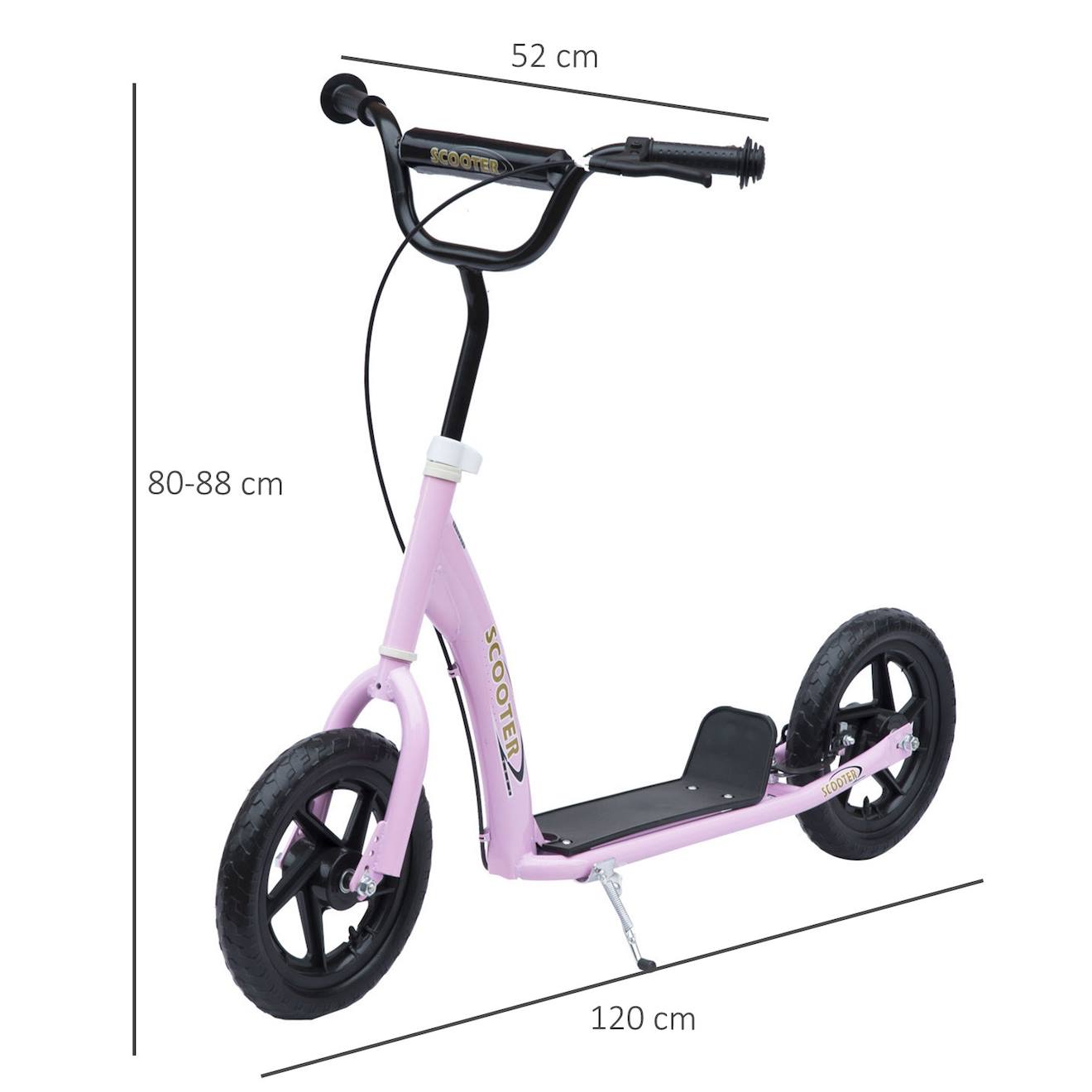 Trottinette patinette pneus 30 cm hauteur guidon réglable poignée frein et béquille acier rose