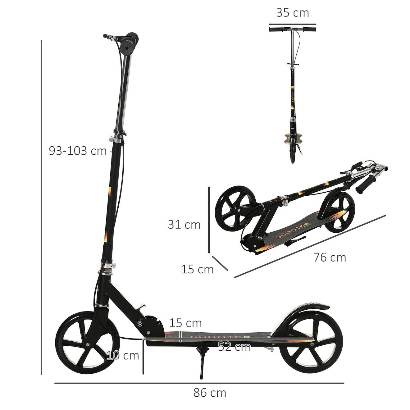 Trottinette pliable enfant béquille double frein hauteur guidon réglable roulement pu abec-7 métal motif flammes noir