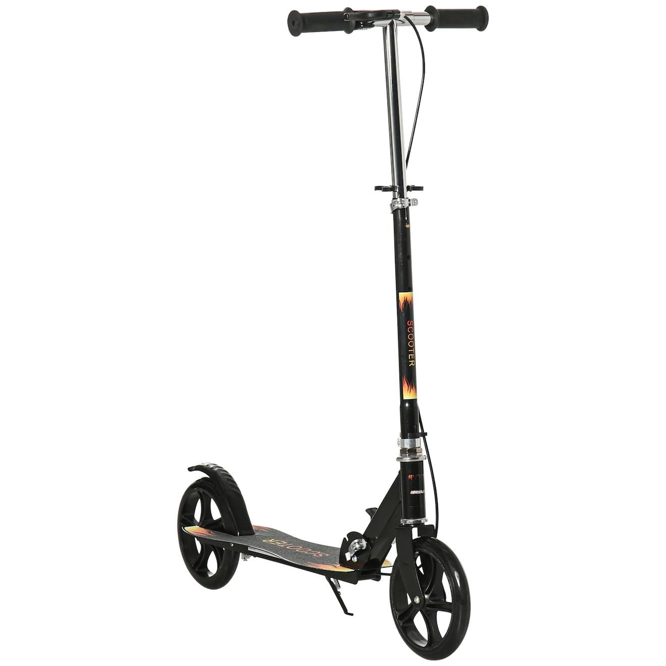 Trottinette pliable enfant béquille double frein hauteur guidon réglable roulement pu abec-7 métal motif flammes noir