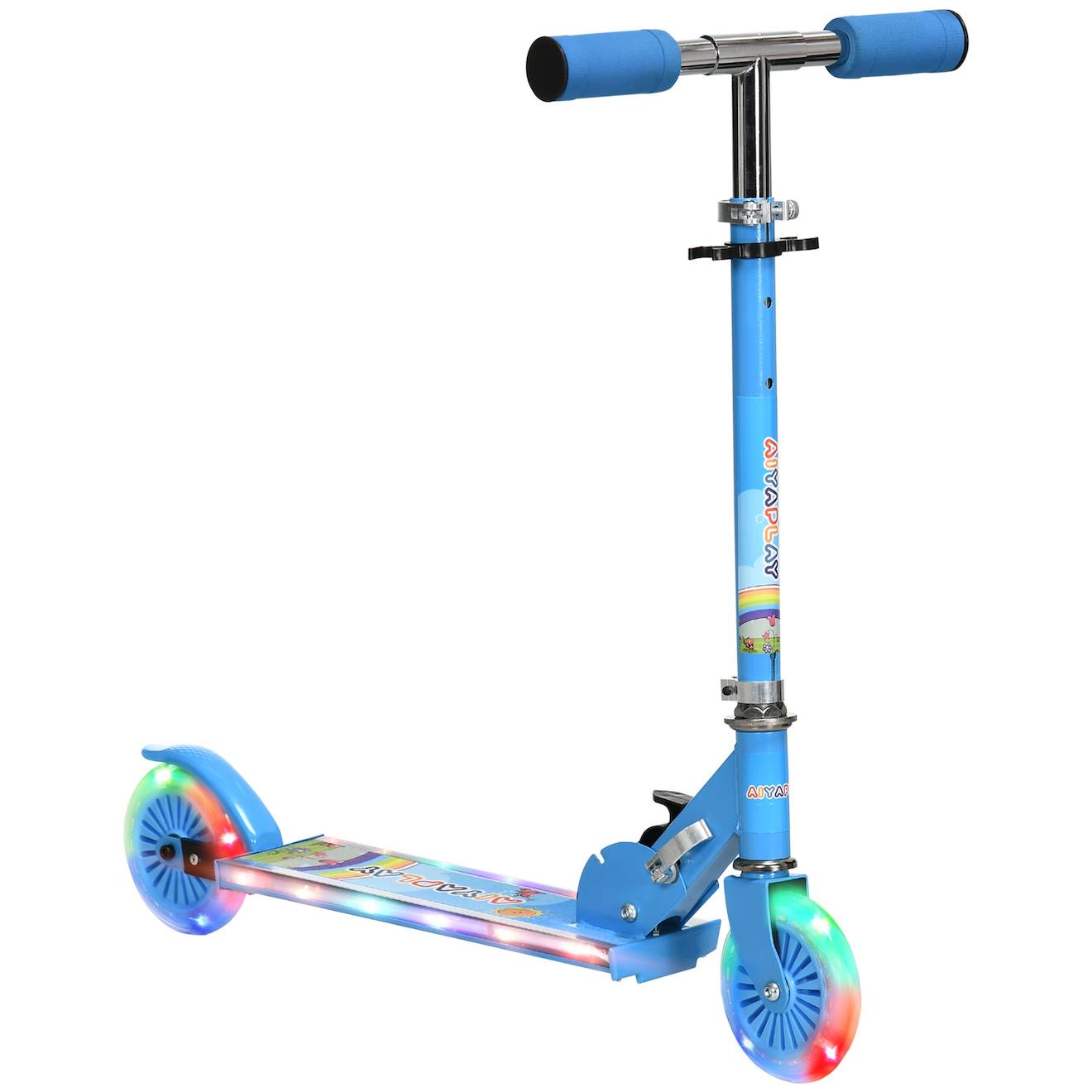 Trottinette pliable enfant roues repose-pied LED frein à friction arrière hauteur guidon réglable 4 niv métal bleu