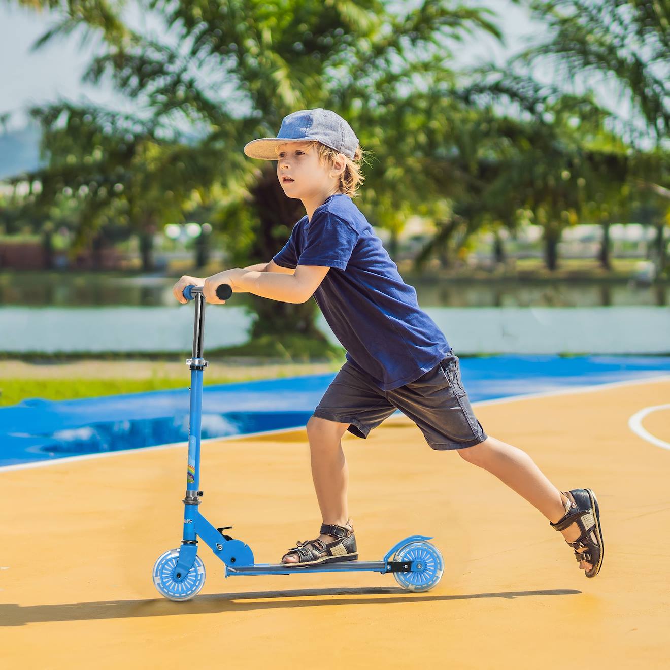 Trottinette pliable enfant roues repose-pied LED frein à friction arrière hauteur guidon réglable 4 niv métal bleu