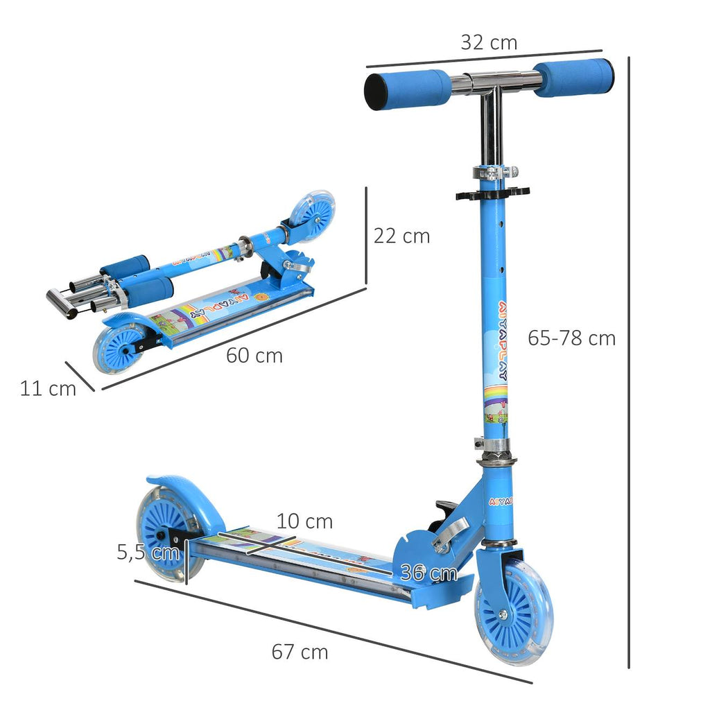 Trottinette pliable enfant roues repose-pied LED frein à friction arrière hauteur guidon réglable 4 niv métal bleu