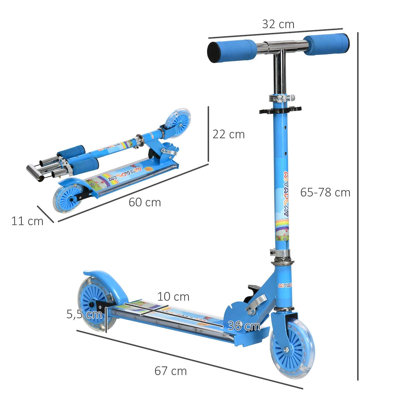 Trottinette pliable enfant roues repose-pied LED frein à friction arrière hauteur guidon réglable 4 niv métal bleu
