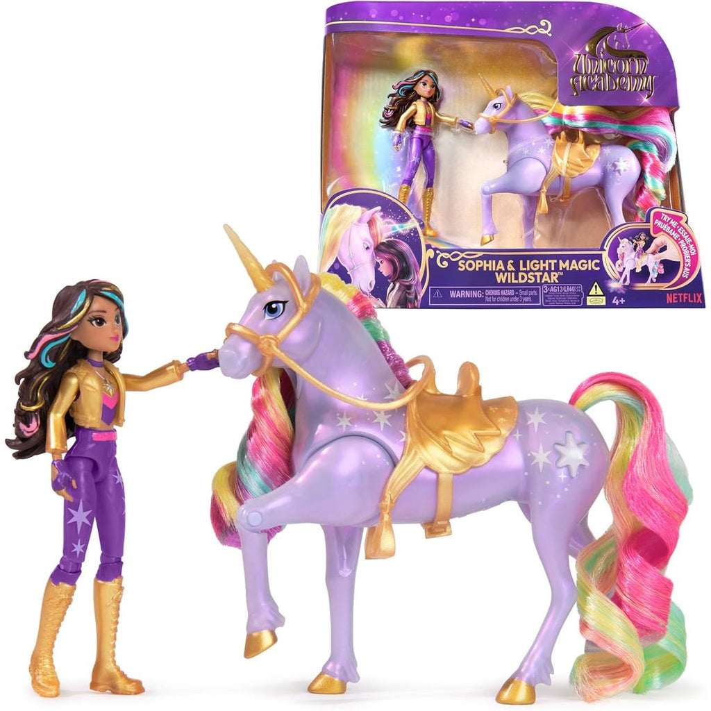 Unicorn academy licorne wildstar avec lumières et poupée mannequin sophia multicolore
