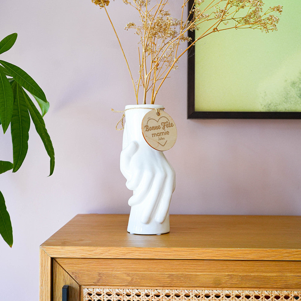 Vase Deux Mains avec Médaillon en Bois Bonne Fête à Personnaliser - Vase Original