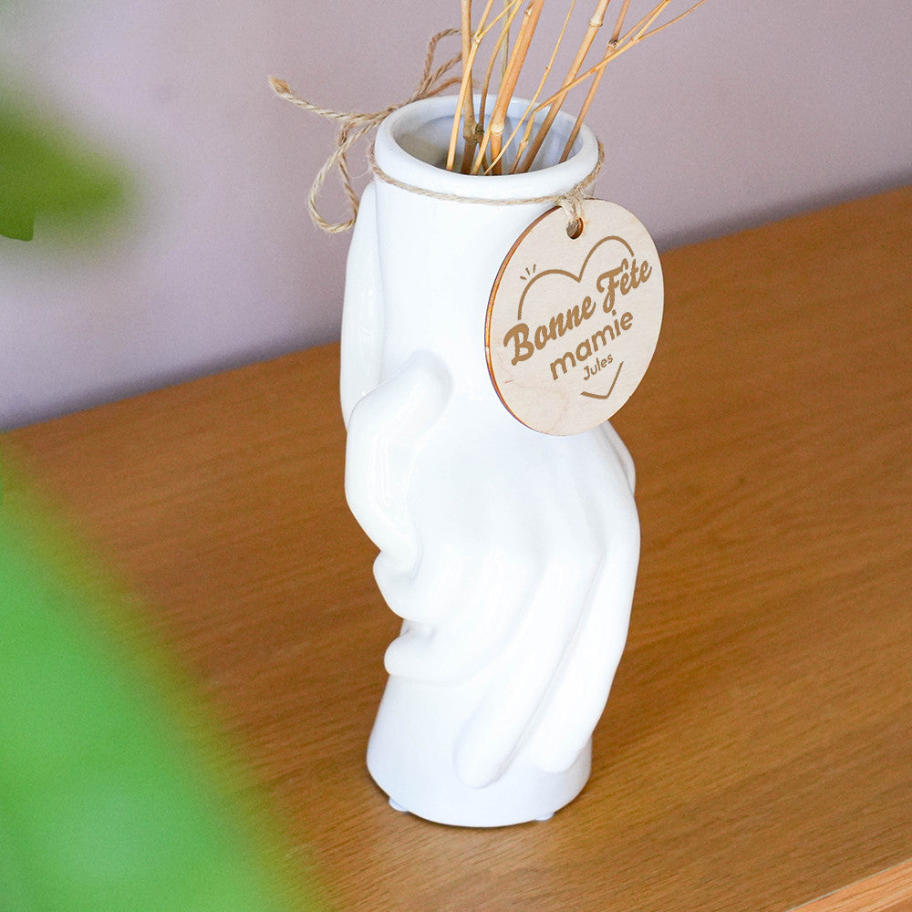 Vase Deux Mains avec Médaillon en Bois Bonne Fête à Personnaliser - Vase Original