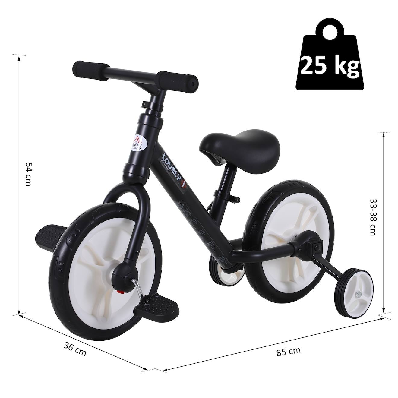 Vélo enfant draisienne 2 en 1 roulettes pédales amovibles hauteur selle réglable noir