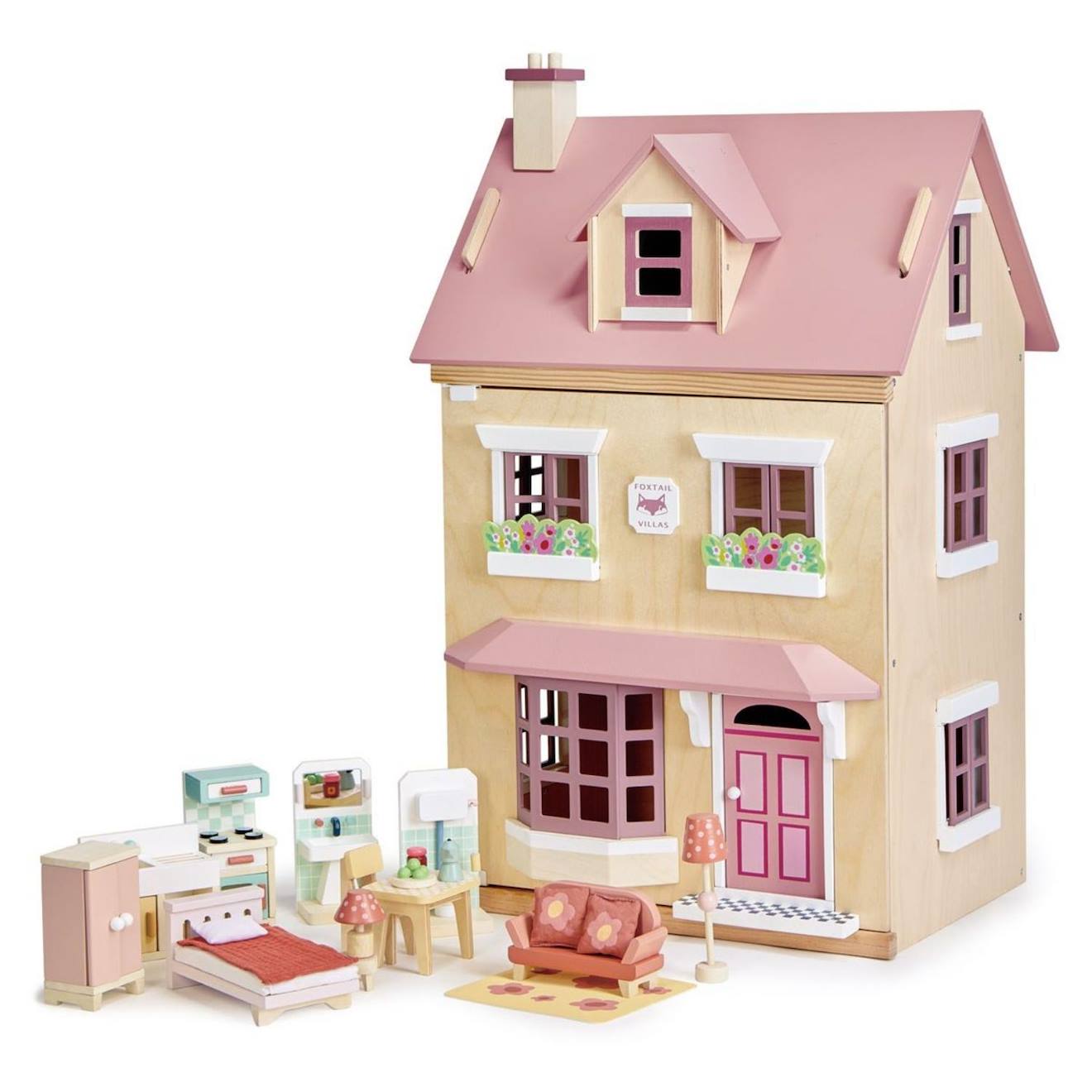 Villa rose, beige, blanc
