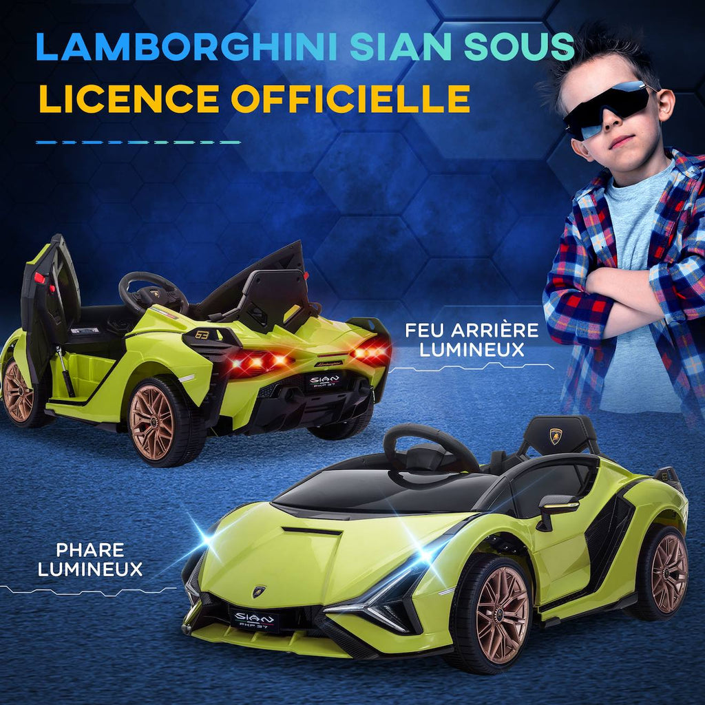 Voiture électrique enfant 12v sián sous licence lamborghini, télécommande, effets sonores, lumineux vert