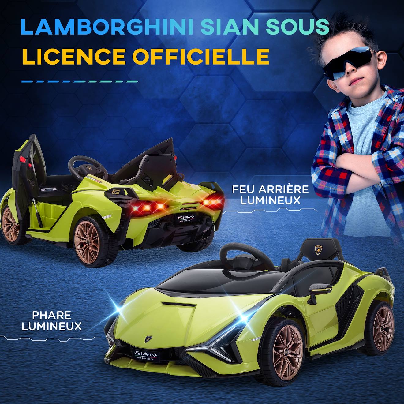 Voiture électrique enfant 12v sián sous licence lamborghini, télécommande, effets sonores, lumineux vert