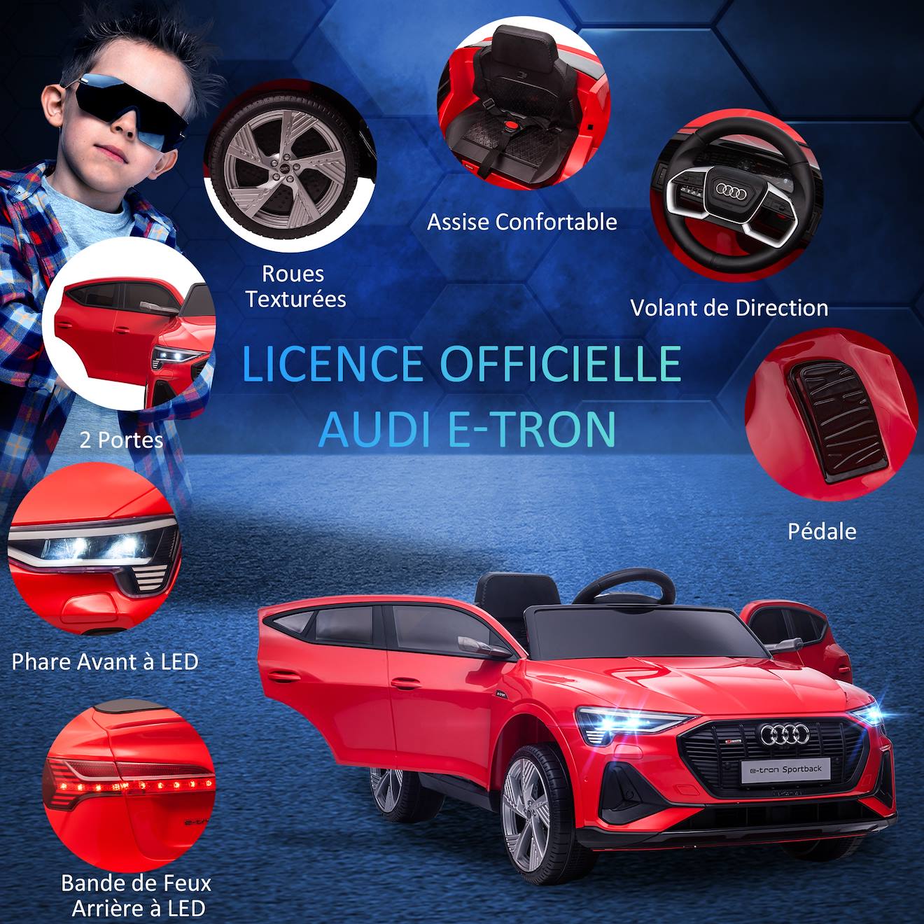Voiture électrique enfant audi e-tron sportback s line 12 v 8 km/h max - effets sonores, lumineux - télécommande rouge