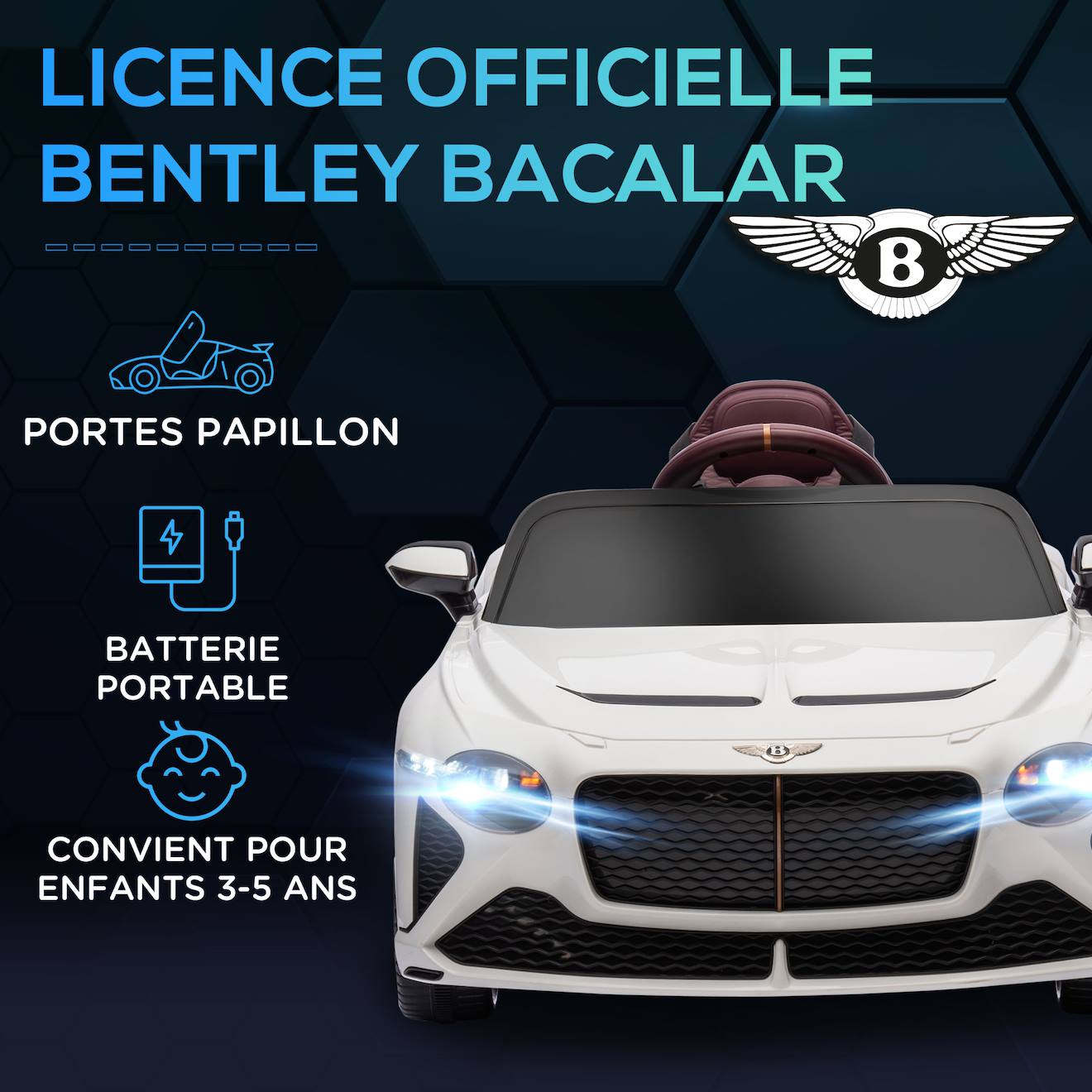 Voiture électrique enfant bentley bacalar 2 moteurs 2 x 25 w télécommande effets sonores et lumineux blanc
