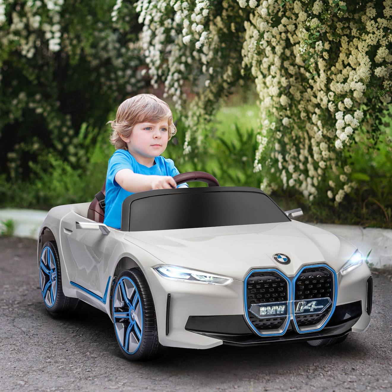 Voiture électrique enfant bmw i4 12v 5km/h max nombreux effets télécommande blanc