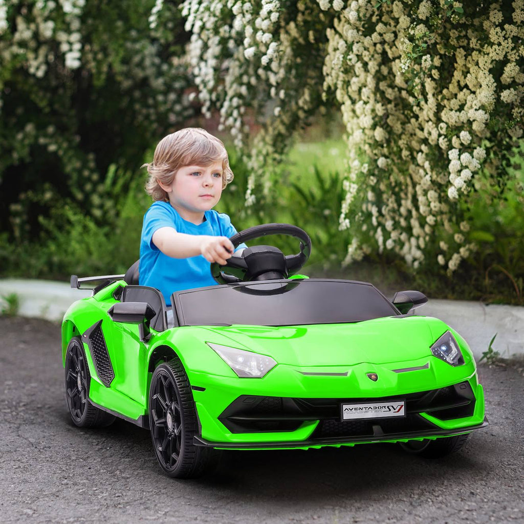 Voiture électrique enfant lamborghini aventador roadster svj télécommande effets sonores lumineux vert