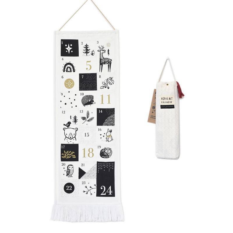Calendrier de l’Avent Wee Gallery Festive Friends – tissu coton bio, 24 pochettes à remplir